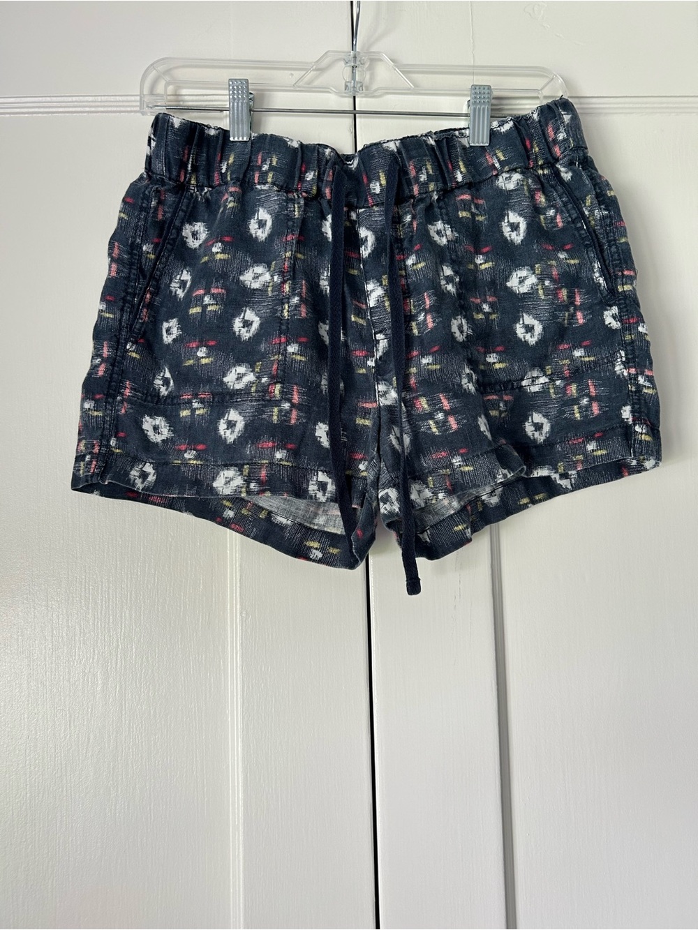 Caslon Linen Shorts w/ Ikat-Style Pattern, Drawstring - Blue, Size Small